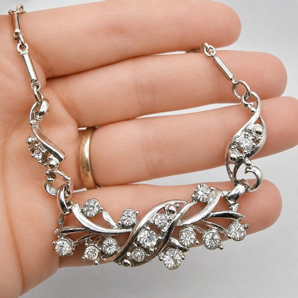 Vintage Silver Tone Clear Rhinestone Floral Spray Bar Link Choker Necklace 14" - Picture 7 of 8